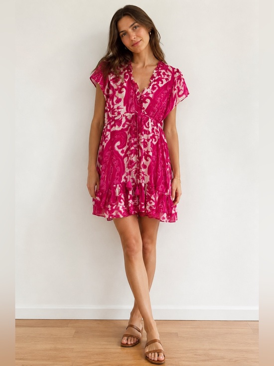 Dresses & Skirts - La Plage Magenta Pink Tiered Ruffled Lined Cotton Mini Dress Size Small Resort